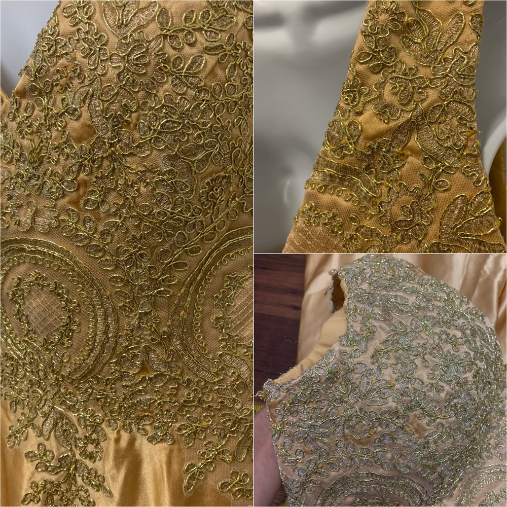 Elegant Golden Evening Dress Lace Party Women’s Size M Maxi Dress V Neck - Picture 8 of 10